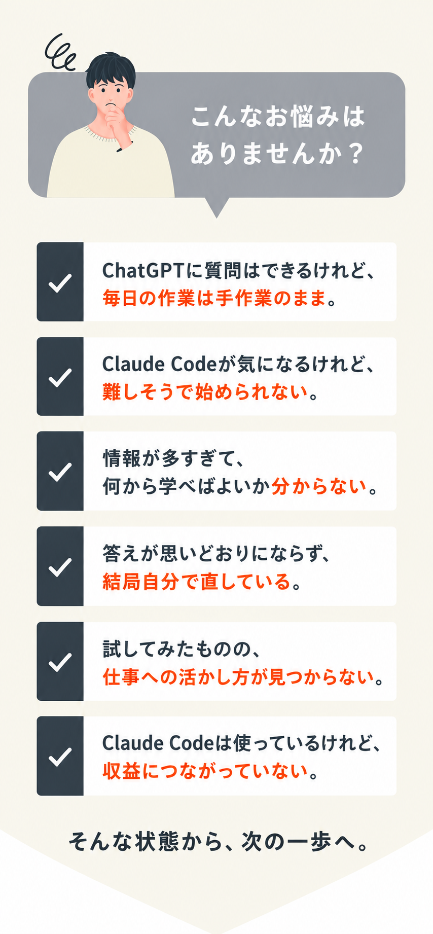 こんなお悩みはありませんか？手作業が減らない。Claude Codeが難しそう。学ぶ順番が分からない。手直しが必要。仕事への活かし方が見つからない。収益につながらない。