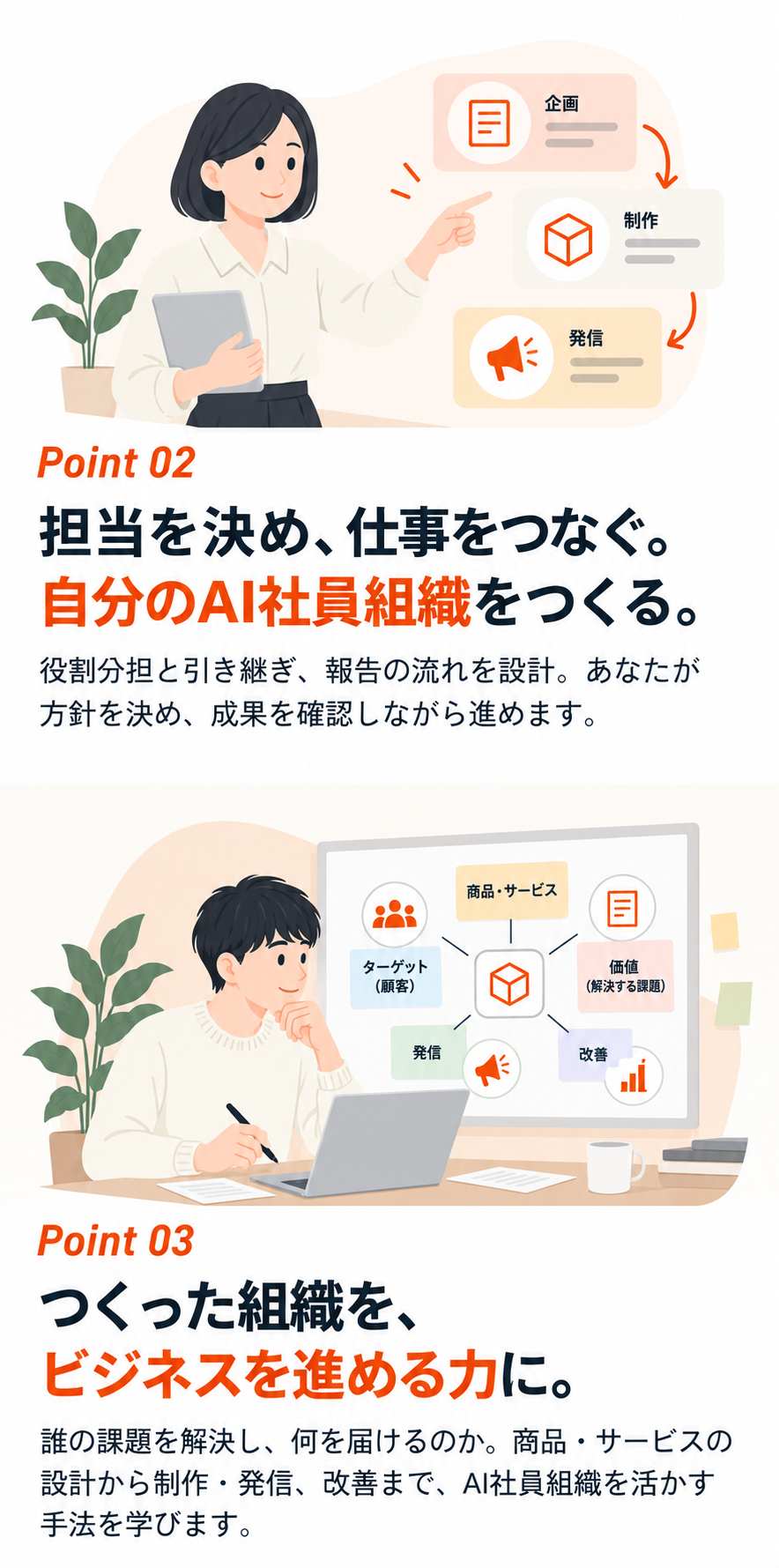 担当を決め、仕事をつなぐ。自分のAI社員組織をつくる。つくった組織をビジネスを進める力に。商品・サービスの設計から制作・発信、改善まで。